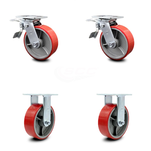 6 Inch Red Poly on Cast Iron Caster Set with Ball Bearings 2 Brakes 2 Rigid SCC